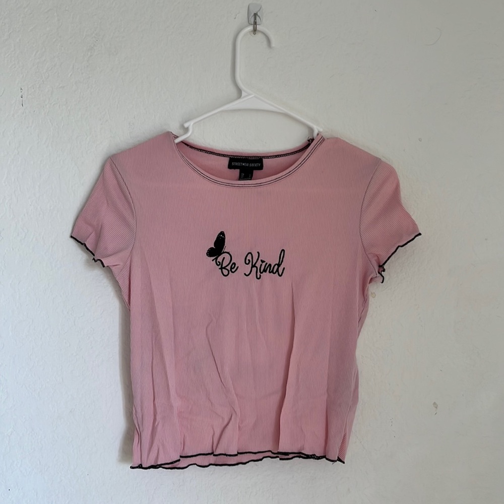 Pink “Be Kind” Cropped Tee W/ Black Stitching & Soft Ribbed Material